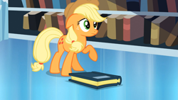 Size: 1365x768 | Tagged: safe, screencap, applejack, earth pony, pony, the crystal empire, book, library, raised hoof, solo