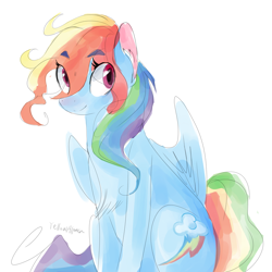 Size: 2000x2000 | Tagged: safe, artist:yellowalpaca0726, derpibooru import, rainbow dash, pegasus, pony, chest fluff, eye clipping through hair, female, looking sideways, mare, simple background, sitting, smiling, solo, three quarter view, white background