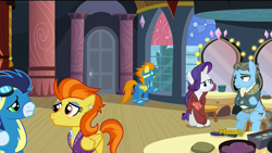 Size: 1600x900 | Tagged: safe, screencap, blaze, rarity, soarin', stormy flare, wind rider, pony, unicorn, rarity investigates, discovery family logo, eye contact