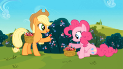 Size: 1365x768 | Tagged: safe, screencap, applejack, pinkie pie, earth pony, pony, the crystal empire, crystal berries