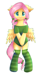 Size: 1571x2889 | Tagged: safe, artist:0okami-0ni, fluttershy, pegasus, pony, semi-anthro, :<, bipedal, clothes, covering, floppy ears, shirt, shirt pull, simple background, socks, solo, striped socks, transparent background