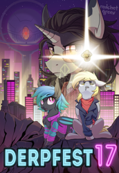 Size: 1500x2180 | Tagged: safe, artist:redchetgreen, derpy hooves, oc, oc:moondrive, bat pony, pony, unicorn, bat pony oc, city, clothes, derpfest, female, food, looking at you, looking up, male, mare, muffin, retrowave, slit eyes, stallion