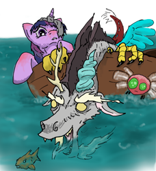 Size: 760x832 | Tagged: safe, artist:maddog10-20, derpibooru import, discord, twilight sparkle, fish, parasprite, boat