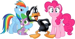 Size: 1559x815 | Tagged: safe, derpibooru import, pinkie pie, rainbow dash, spike, dragon, earth pony, pegasus, pony, daffy duck, fimfiction, looney tunes