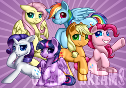 Size: 1610x1130 | Tagged: safe, artist:gleamydreams, derpibooru import, applejack, fluttershy, pinkie pie, rainbow dash, rarity, twilight sparkle, twilight sparkle (alicorn), alicorn, earth pony, pegasus, pony, unicorn, mane six, obtrusive watermark, watermark