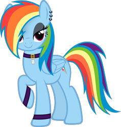 Size: 4258x4500 | Tagged: safe, artist:slb94, derpibooru import, rainbow dash, pegasus, pony, absurd resolution, alternate hairstyle, armband, collar, goth, lidded eyes, looking at you, raised hoof, simple background, solo, transparent background, vector