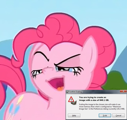 Size: 700x665 | Tagged: safe, screencap, pinkie pie, earth pony, pony, faic, gimp, great moments in animation, meme, ponk, ponyface, reaction image, scaling warning message, solo, too big, windows