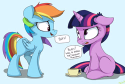 Size: 3188x2139 | Tagged: safe, artist:mistydash, derpibooru import, rainbow dash, twilight sparkle, pegasus, pony, unicorn, blank flank, butts, cute, dashabetes, dialogue, female, grammar error, grocers' apostrophe, looking at each other, mare, nose wrinkle, open mouth, simple background, teacup, twilight is not amused, unamused