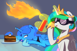 Size: 1350x900 | Tagged: safe, artist:joyfulinsanity, princess celestia, princess luna, alicorn, pony, blowtorch, cake, cakelestia, duo, ethereal mane, glowing horn, goggles, hoof shoes, levitation, magic, starry mane, sweat, telekinesis