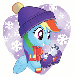 Size: 1364x1373 | Tagged: safe, artist:tonyfleecs, derpibooru import, rainbow dash, pegasus, pony, best gift ever, book:best gift ever, clothes, cute, dashabetes, female, hat, heart, heart background, mare, scarf, simple background, smiling, white background, winterchilla