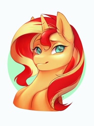 Size: 717x961 | Tagged: safe, artist:kerydarling, sunset shimmer, pony, unicorn, equestria girls, bust, cute, female, mare, shimmerbetes, simple background, solo, white background