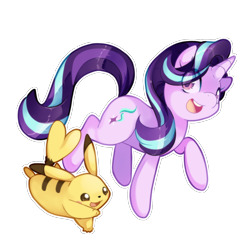 Size: 1200x1200 | Tagged: safe, artist:loyaldis, starlight glimmer, pikachu, pony, unicorn, female, looking at you, mare, open mouth, pokémon, simple background, transparent background