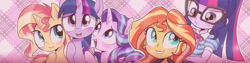 Size: 1920x480 | Tagged: safe, artist:k-nattoh, sci-twi, starlight glimmer, sunset shimmer, twilight sparkle, twilight sparkle (alicorn), alicorn, pony, unicorn, equestria girls, cute, female, human ponidox, mare, self ponidox, smiling