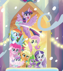 Size: 1234x1398 | Tagged: safe, artist:tonyfleecs, derpibooru import, applejack, fluttershy, pinkie pie, princess flurry heart, rainbow dash, rarity, spike, twilight sparkle, twilight sparkle (alicorn), alicorn, dragon, earth pony, pegasus, pony, unicorn, best gift ever, book:best gift ever, female, filly, foal, male, mane seven, mane six, mare, window, winged spike