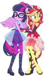 Size: 436x727 | Tagged: safe, artist:php77, editor:php77, sci-twi, sunset shimmer, twilight sparkle, better together, equestria girls, duo, duo female, female, ponied up, scitwilicorn, shipping fuel, simple background, transparent background