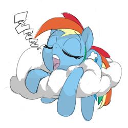 Size: 1000x1000 | Tagged: safe, artist:baigak, derpibooru import, rainbow dash, pegasus, pony, cloud, eyes closed, female, mare, on a cloud, open mouth, simple background, sleeping, snoring, solo, white background, zzz