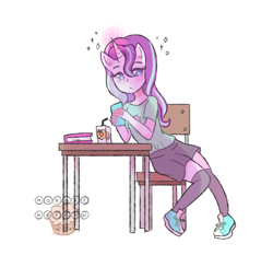 Size: 752x733 | Tagged: safe, artist:morose-muffin, starlight glimmer, anthro, plantigrade anthro, unicorn, clothes, cute, desk, glimmerbetes, glowing horn, kneesocks, miniskirt, moe, shoes, sitting, skirt, socks, solo, thigh highs, zettai ryouiki