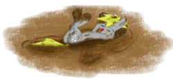 Size: 4049x1867 | Tagged: safe, artist:pzkratzer, derpy hooves, dirt, dirty, messy, mud, mud bath, muddy, on back, playing, plot, swamp, wet and messy