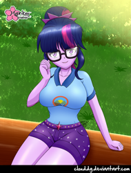 Size: 761x1000 | Tagged: safe, artist:clouddg, sci-twi, twilight sparkle, equestria girls, legend of everfree, big breasts, breasts, camping outfit, clothes, cute, female, glasses, headlight sparkle, log, looking at you, shorts, signature, sitting, smiling, solo, thighs, twiabetes, wide hips