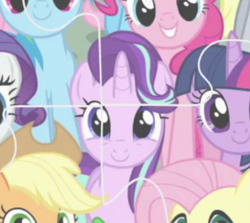 Size: 376x335 | Tagged: safe, screencap, applejack, derpy hooves, fluttershy, pinkie pie, rainbow dash, rarity, starlight glimmer, twilight sparkle, twilight sparkle (alicorn), alicorn, earth pony, pegasus, pony, unicorn, she's all yak, the cutie re-mark, cropped, looking at you, mane six, smiling