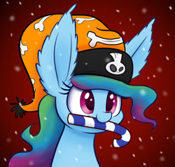 Size: 1280x1221 | Tagged: safe, artist:heir-of-rick, derpibooru import, rainbow dash, windigo, aurora dash, bone, bust, candy, candy cane, christmas, ear fluff, female, food, gradient background, halloween, hat, holiday, impossibly large ears, miss pie's monsters, mouth hold, santa hat, snow, snowfall, solo, species swap