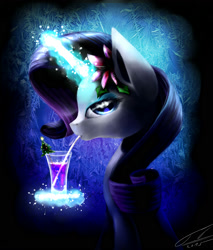 Size: 1700x2000 | Tagged: safe, artist:yummiestseven65, rarity, pony, unicorn, drink, flower, flower in hair, looking at you, magic, solo, telekinesis