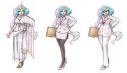 Size: 2000x1144 | Tagged: safe, artist:king-kakapo, princess celestia, human, business suit, cleavage, clothes, dress, dress suit, female, glasses, high heels, humanized, light skin, miniskirt, office, pants, pantyhose, reference sheet, sandals, skirt, skirt suit, suit