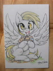 Size: 2736x3648 | Tagged: safe, artist:alts-art, derpy hooves, pony, female, food, inktober, muffin, open mouth, smiling, solo, spread wings, tongue out, traditional art, wings