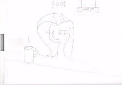 Size: 7392x5148 | Tagged: safe, artist:barryfrommars, fluttershy, pegasus, pony, absurd resolution, coffee, counter, monochrome, mug, sign, sketch, traditional art