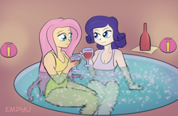 Size: 1000x650 | Tagged: safe, artist:empyu, fluttershy, rarity, human, candle, clothes, female, flarity, hot tub, humanized, lesbian, one-piece swimsuit, romantic, shipping, spa, swimsuit, wine, wine glass