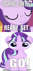 Size: 566x1207 | Tagged: safe, edit, edited screencap, editor:undeadponysoldier, screencap, starlight glimmer, unicorn, adorable face, cropped, cute, eyes closed, female, looking at you, mare, s5 starlight, simple background, smiling, solo, staring contest, talking to viewer, text, white background, wrong aspect ratio