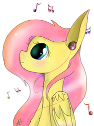 Size: 1024x1365 | Tagged: safe, artist:a-happy-thought, fluttershy, pegasus, pony, earbuds, music notes, solo