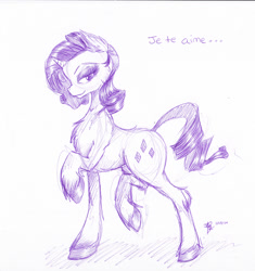 Size: 2397x2552 | Tagged: safe, artist:jillowbear, rarity, pony, unicorn, fluffy, french, monochrome, solo, unshorn fetlocks