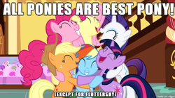 Size: 610x343 | Tagged: safe, derpibooru import, edit, edited screencap, screencap, applejack, fluttershy, pinkie pie, rainbow dash, rarity, twilight sparkle, earth pony, pegasus, pony, unicorn, best pony, caption, drama bait, fine print, image macro, mane six, meme, op is a cuck, op is trying to start shit