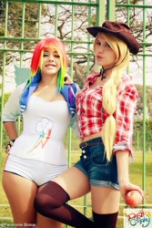 Size: 800x1200 | Tagged: safe, artist:dashcosplay, derpibooru import, applejack, rainbow dash, human, clothes, cosplay, irl, irl human, photo