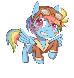 Size: 1280x1343 | Tagged: safe, artist:figgot, derpibooru import, rainbow dash, pegasus, pony, blush sticker, blushing, bomber jacket, chibi, clothes, female, goggles, grin, jacket, looking at you, mare, raised hoof, simple background, smiling, solo, spread wings, transparent background, wings