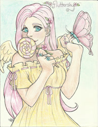 Size: 1700x2203 | Tagged: safe, artist:kimicookie, fluttershy, butterfly, human, humanized, lollipop, solo, traditional art, winged humanization