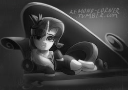 Size: 1024x723 | Tagged: safe, artist:raikoh, rarity, pony, unicorn, rarity investigates, detective rarity, draw me like one of your french girls, fainting couch, grayscale, monochrome, noir, scene interpretation, solo