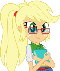 Size: 6169x7278 | Tagged: safe, artist:diamondsword11, applejack, equestria girls, absurd resolution, alternate hairstyle, book, glasses, nerd pony, ponytail, simple background, solo, transparent background, vector