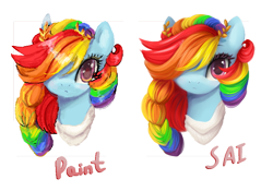 Size: 808x564 | Tagged: safe, artist:pechastan, derpibooru import, rainbow dash, pegasus, pony, braid, bust, comparison, ms paint, paint tool sai, simple background, solo, transparent background, white background