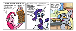 Size: 1588x652 | Tagged: safe, artist:gingerfoxy, derpy hooves, pinkie pie, rarity, earth pony, pegasus, pony, unicorn, pony comic generator, comic, food, muffin, pancakes