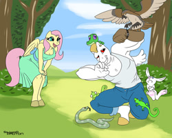 Size: 1100x880 | Tagged: safe, artist:stigma-photon, angel bunny, bulk biceps, fluttershy, gummy, anthro, hawk, lizard, snake, unguligrade anthro, female, flutterbulk, male, shipping, straight