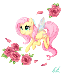 Size: 830x967 | Tagged: safe, artist:c-puff, fluttershy, breezie, pegasus, pony, alternate design, rose, simple background, smiling, solo