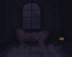 Size: 1280x1024 | Tagged: safe, artist:celestiawept, fluttershy, scootaloo, pegasus, pony, dark, duo, eyes closed, fluttershy's cottage, interior, night, potbelly stove, rain, scootalove, sleeping, sofa, stove, window