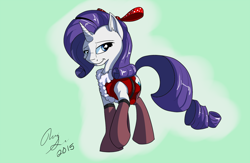 Size: 1300x848 | Tagged: safe, artist:jinyaranda, rarity, pony, unicorn, clothes, santa costume, solo, stockings