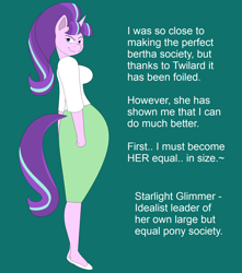 Size: 1498x1698 | Tagged: safe, artist:two-ton-neko, starlight glimmer, anthro, plantigrade anthro, alternate universe, breasts, green background, looking at you, narration, simple background, starlight jiggler, weight gain