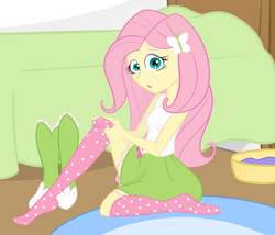 Size: 1024x878 | Tagged: safe, artist:katrittaja, fluttershy, equestria girls, :o, bed, boots, clothes, dressing, dressup, looking at you, open mouth, room, socks, solo, surprised, wide eyes