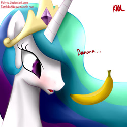 Size: 1000x1000 | Tagged: safe, artist:pshyzomancer, princess celestia, alicorn, pony, banana, bananalestia, blushing, bust, female, jewelry, mare, one word, regalia, simple background, solo, white background