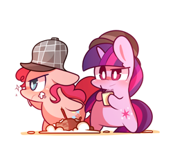 Size: 1000x870 | Tagged: safe, artist:php56, derpibooru import, pinkie pie, twilight sparkle, earth pony, pony, unicorn, mmmystery on the friendship express, bipedal, cake, chibi, deerstalker, duo, female, hat, mare, notebook, scene interpretation