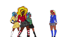 Size: 720x450 | Tagged: safe, artist:the-75th-hunger-game, adagio dazzle, aria blaze, sonata dusk, sunset shimmer, blackdagio, blazer, candy store, clothes, dancing, heather chandler, heather duke, heather mcnamara, heathers, heathers the musical, human coloration, kneesocks, scrunchie, simple background, socks, song reference, the dazzlings, transparent background, veronica sawyer